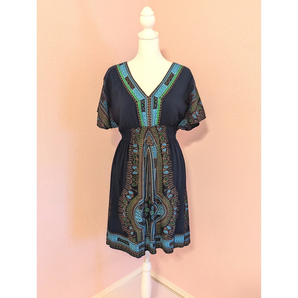 Lapogee Navy Blue Boho Dashiki Mini Dress Tribal Print Smocked Waist Rayon M